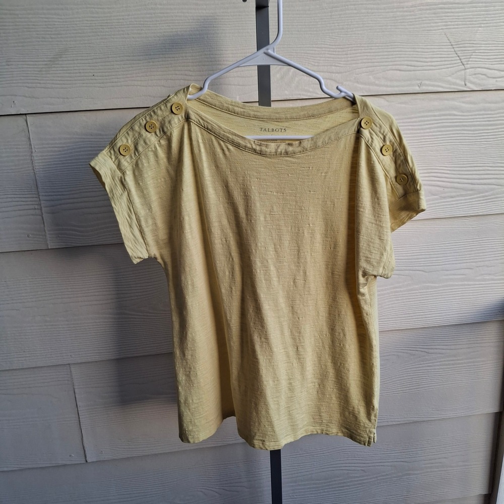 Talbots Womens L Yellow Slub Knit Boatneck Button Shoulder Short Sleeve T-Shirt